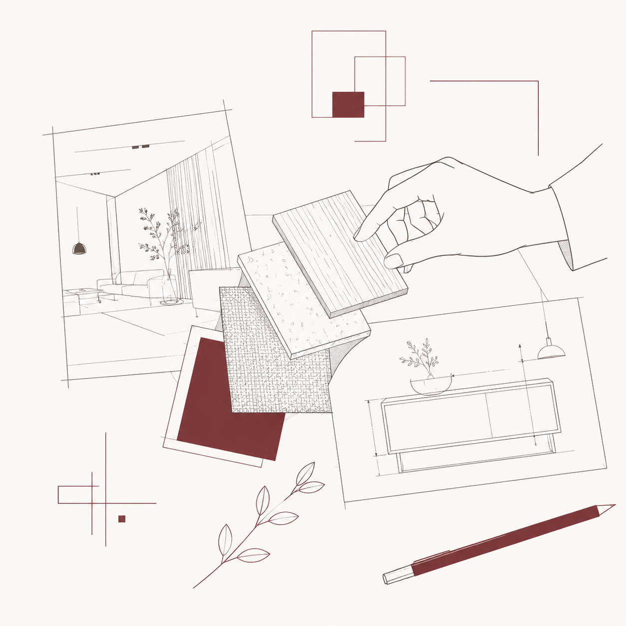 Material samples, furniture details and lighting study